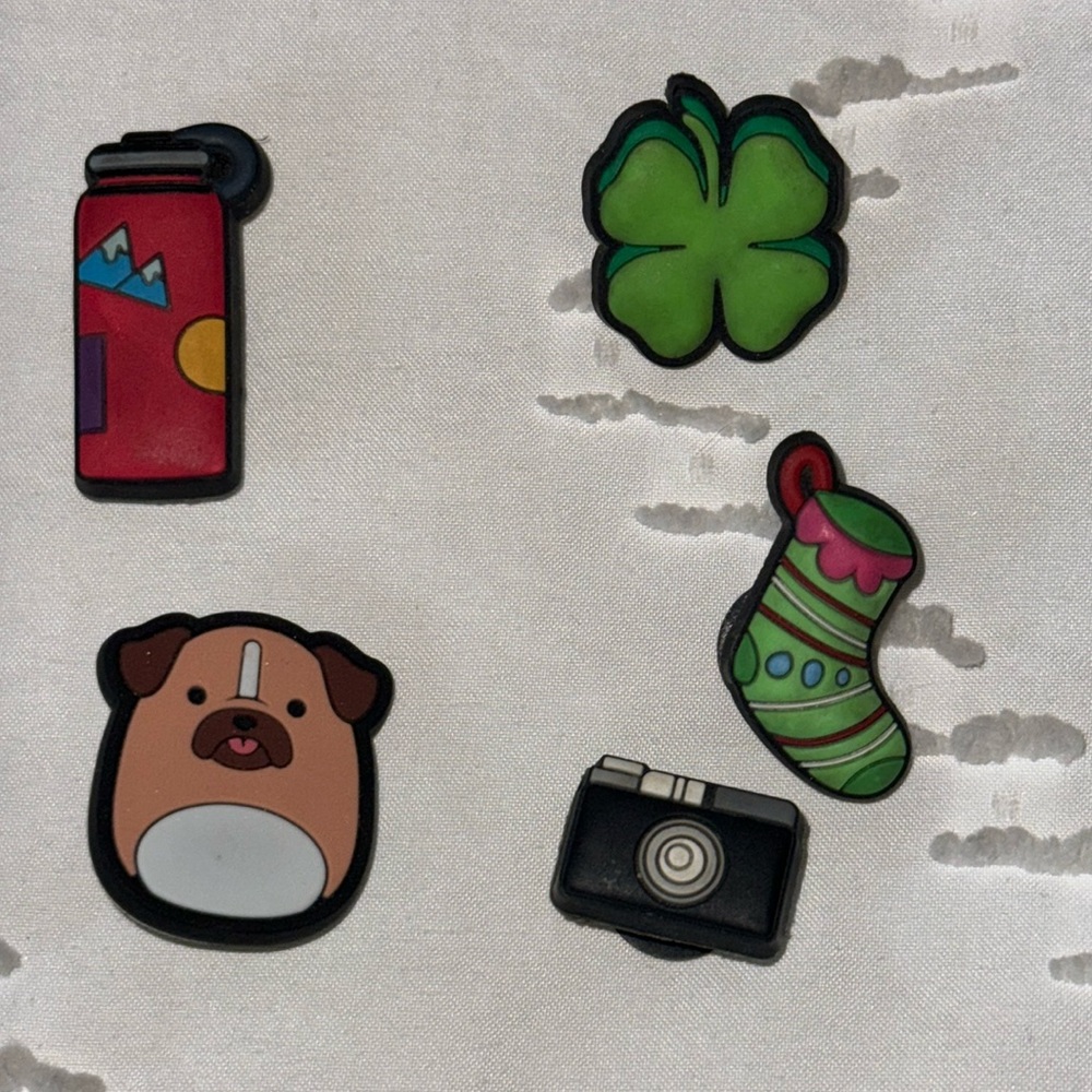 EUC Crocs Jibbitz Set of 5 Jibbitz: Dog Hydroflask Camera Stocking Clover